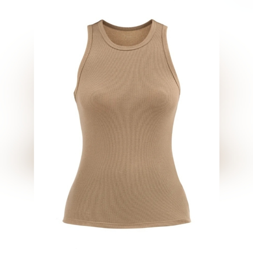 No Boundaries Women Beige Ribbed High Neck Basic Tank Top